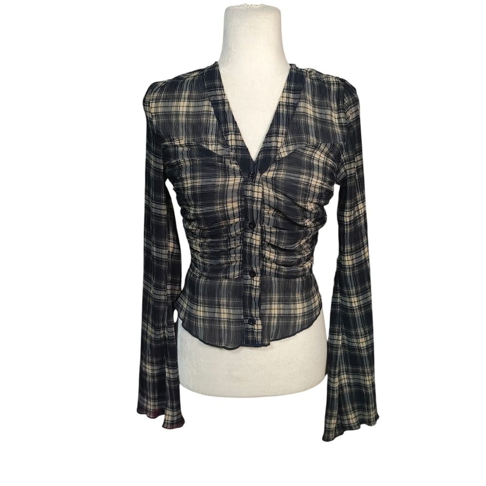 Beverly and Beck PacSun NEW Plaid Plisse Semi Sheer Ruched Bell Sleeve Top Small